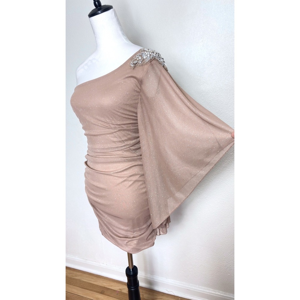 Sparkly Champagne Gold Sheer One Shoulder Cape Bodycon Dress Size Medium Party